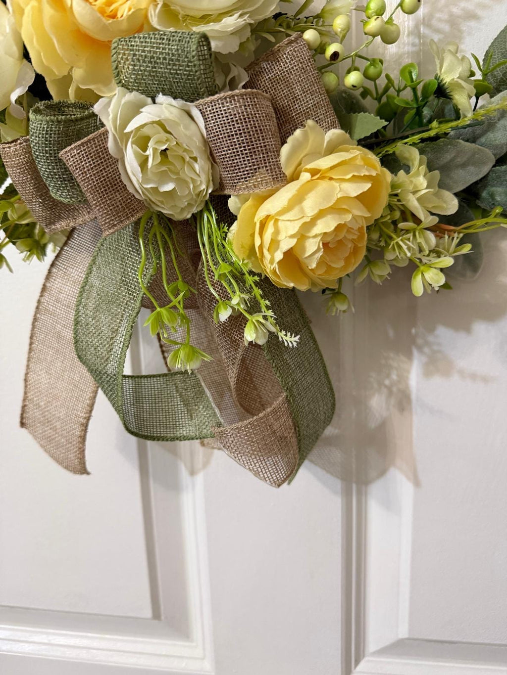 Handmade Peony Hoop Wreath, Fern, Lamb’s Ear Leaves, Burlap Ribbon Bow, 17 Inches