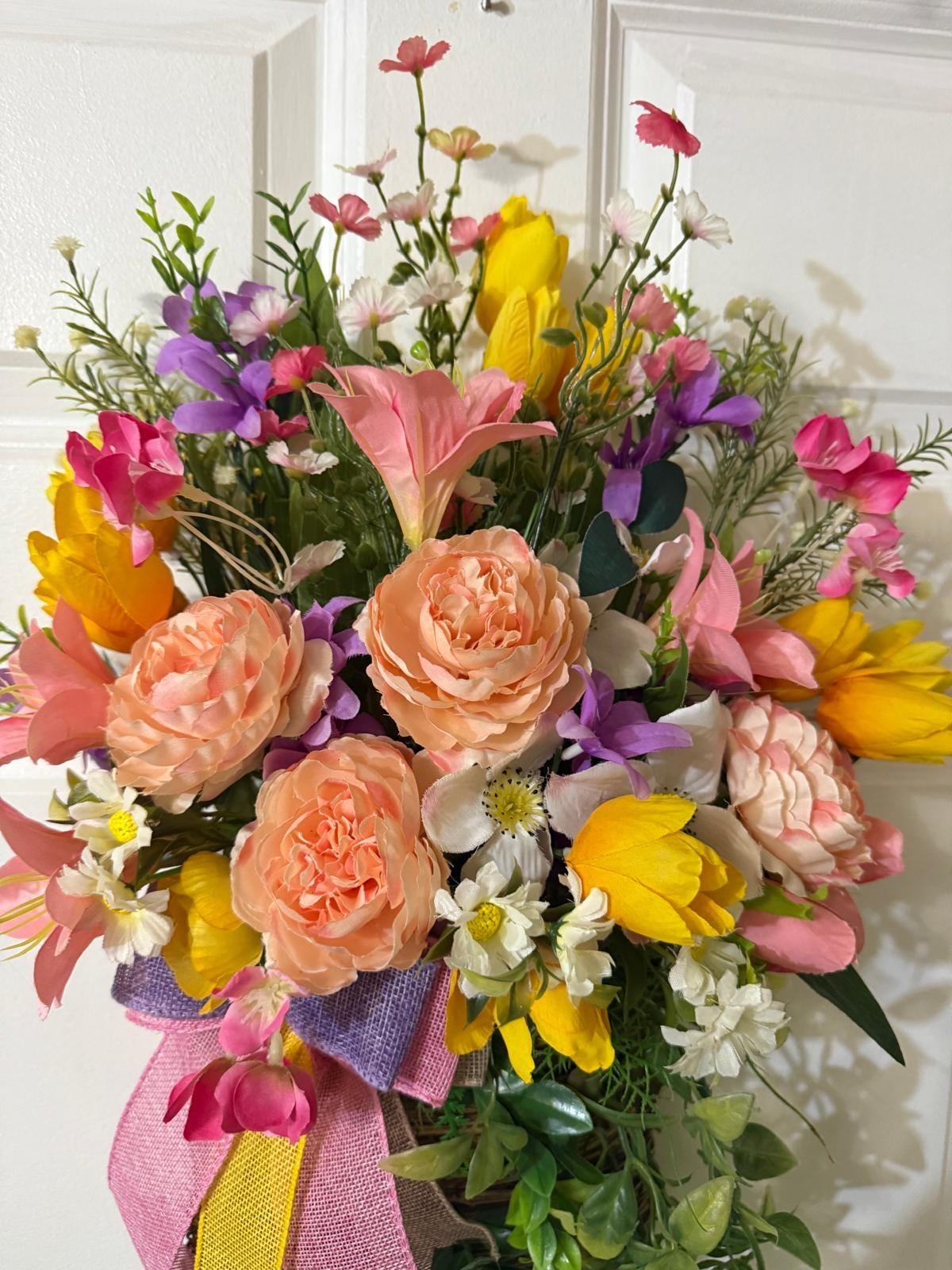 Peach Rose & Tulip Door Basket, Cottagecore Spring Floral Arrangement