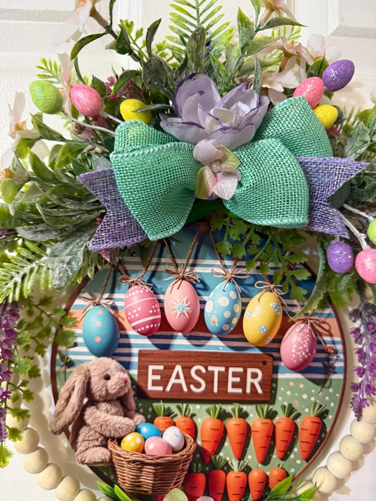 Handmade Easter Bunny Door Hanger, Pastel Egg Wreath, Farmhouse Spring Decor