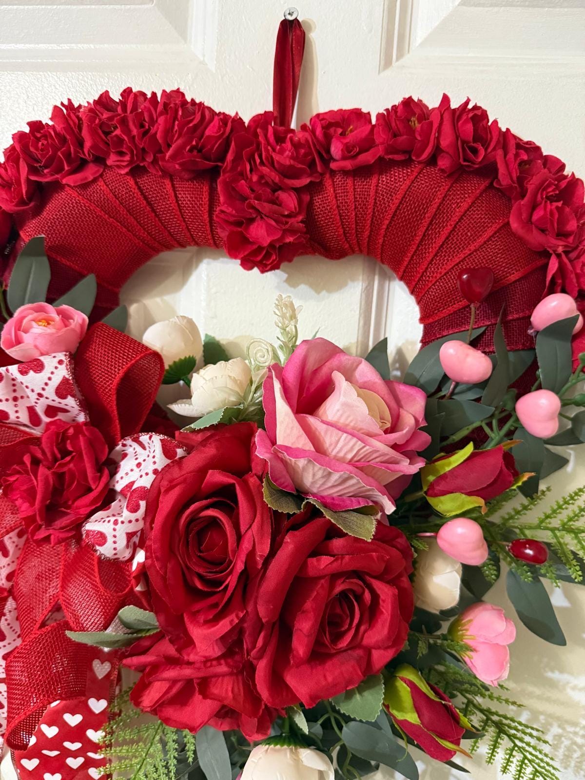 Valentine's Day Handmade Rose Heart Wreath with Pink, Red Roses, Fern , Willow leaves