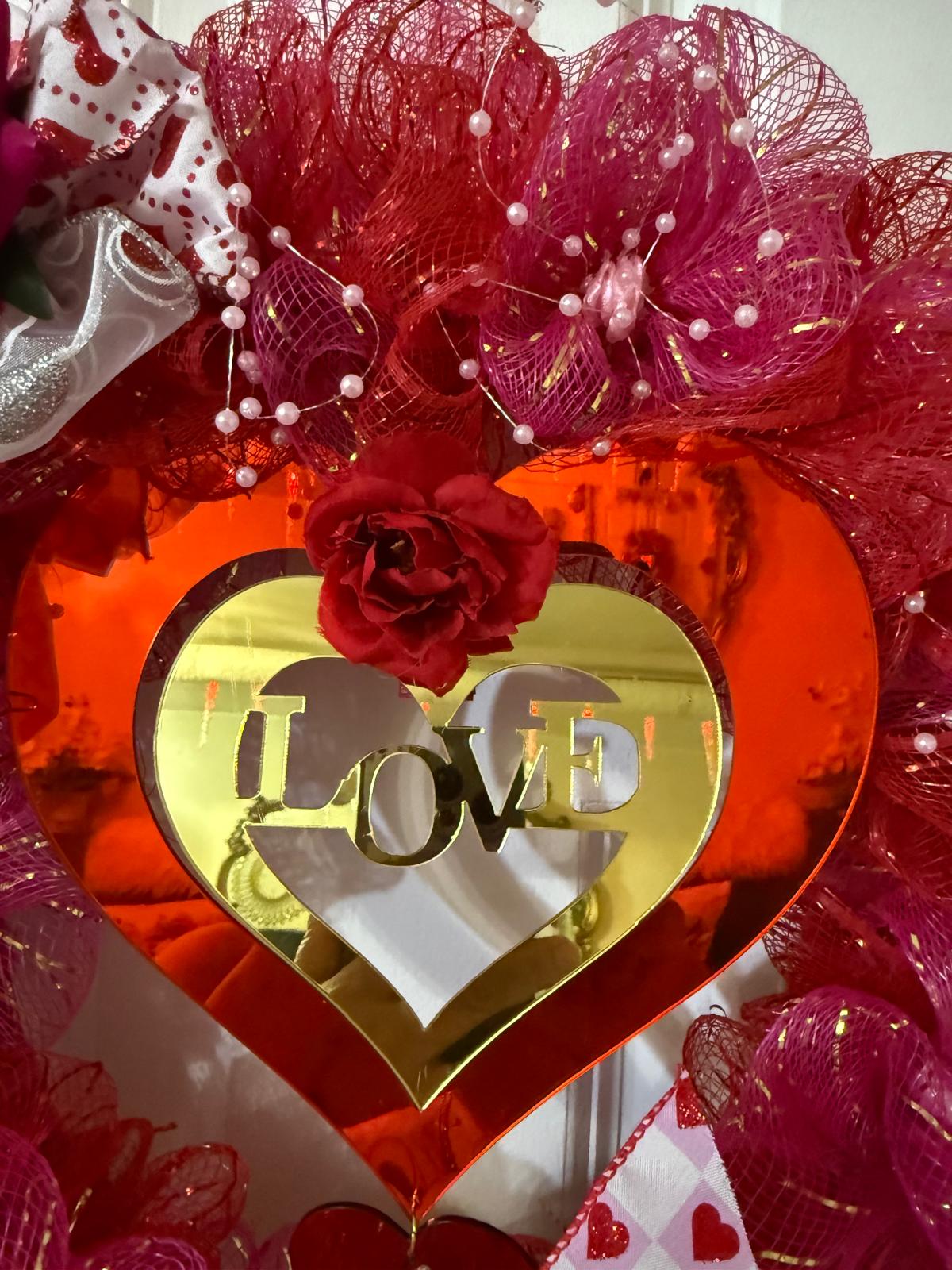 Handmade Valentine’s Day Heart Wreath with Roses, Red & Pink Deco Mesh, Romantic Front Door Decor