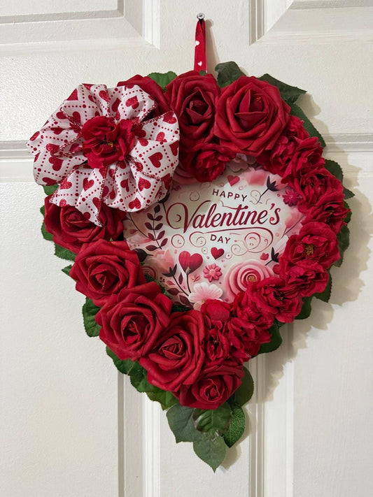 Handmade Valentine's Day Heart Wreath, Red Roses, Romantic Decor