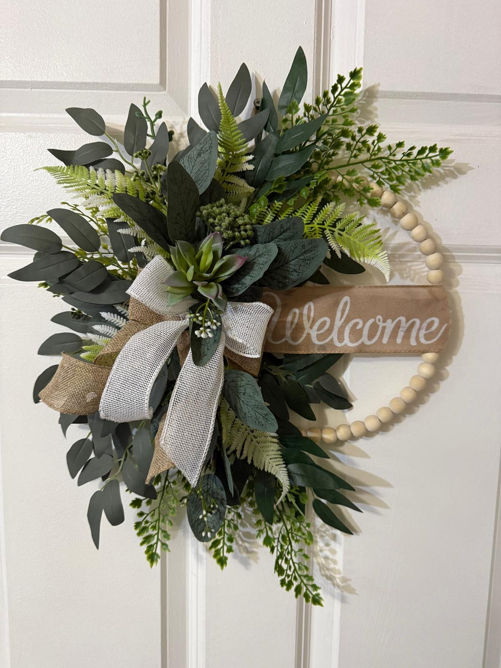 Handmade Welcome Eucalyptus & Fern Wreath, Burlap Ribbon Bow Front Door Decor