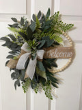 Handmade Welcome Eucalyptus & Fern Wreath, Burlap Ribbon Bow Front Door Decor