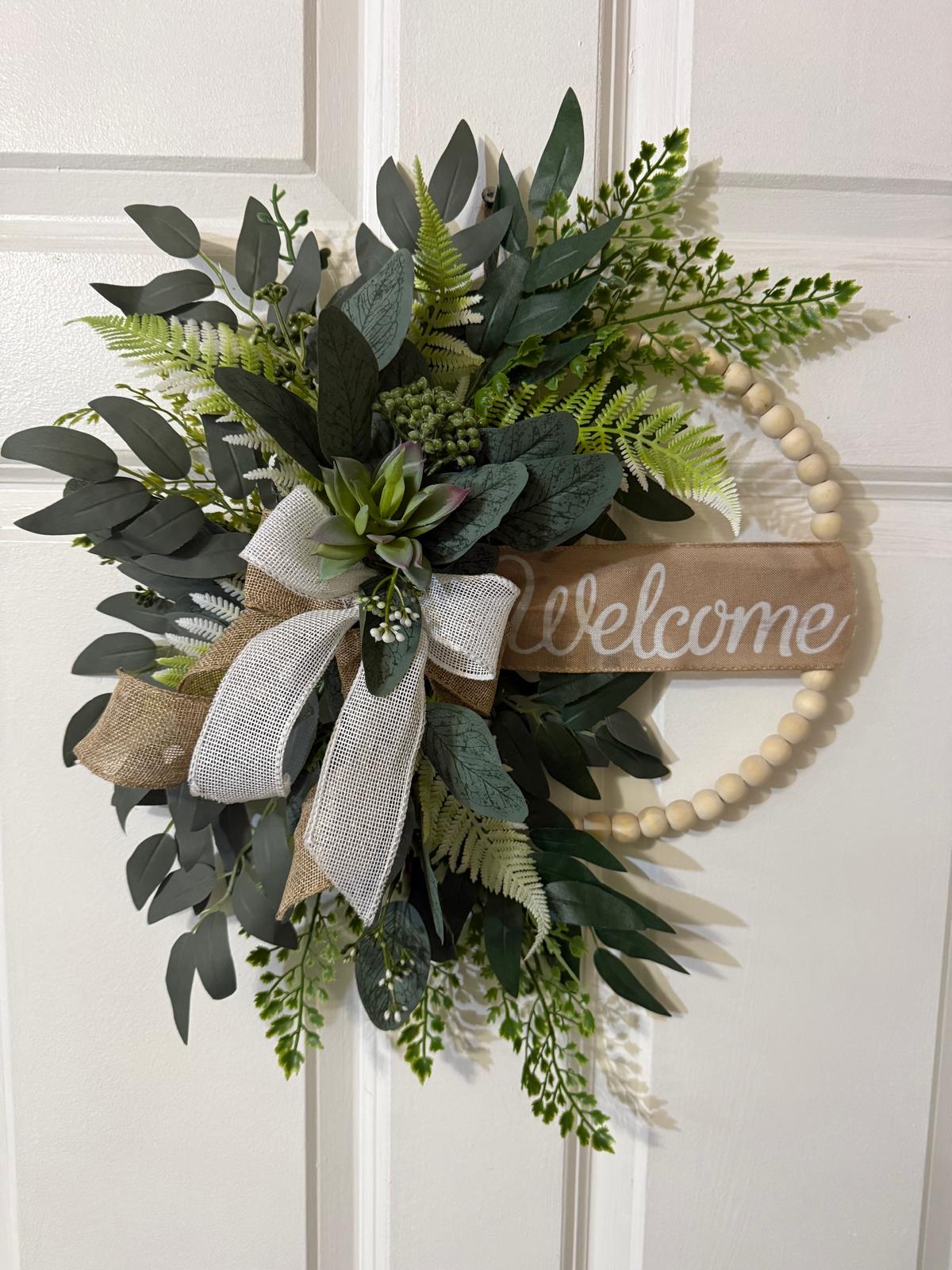 Handmade Welcome Eucalyptus & Fern Wreath, Burlap Ribbon Bow Front Door Decor