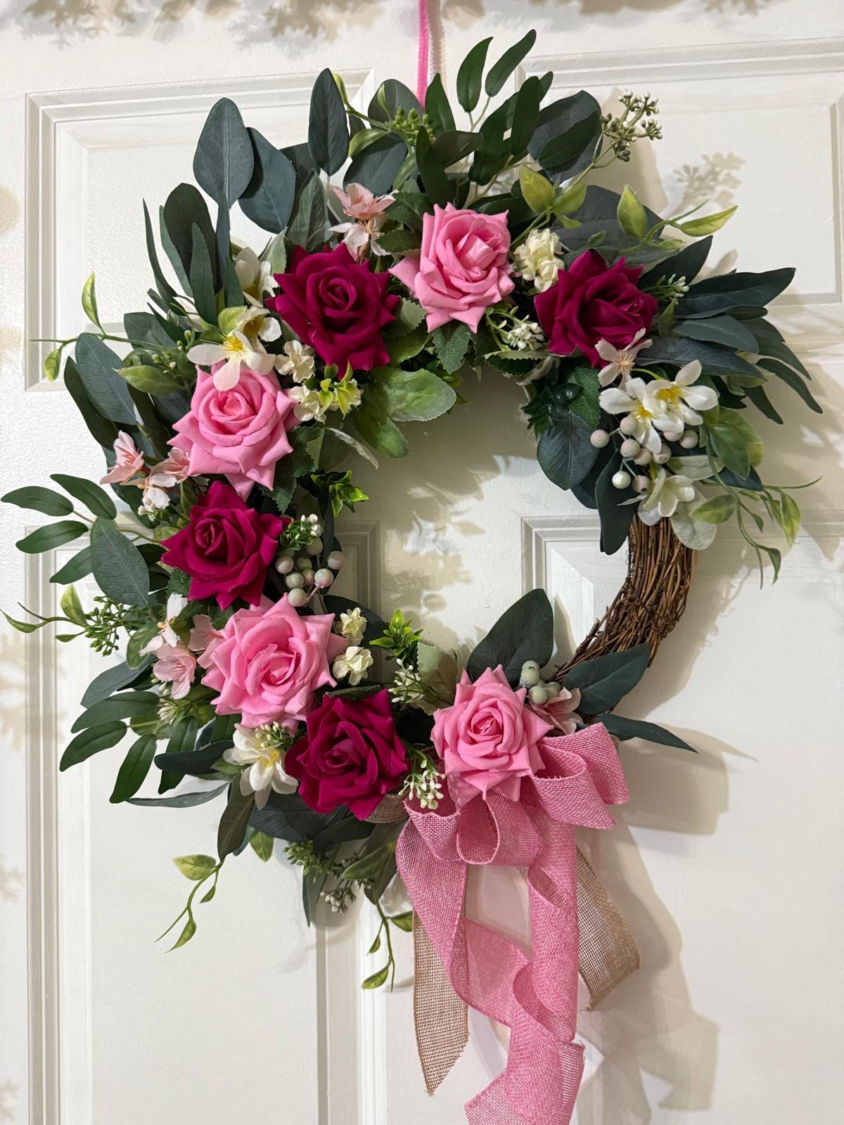 Handmade Pink Rose Valentine's Day Wreath, Eucalyptus Door Decor