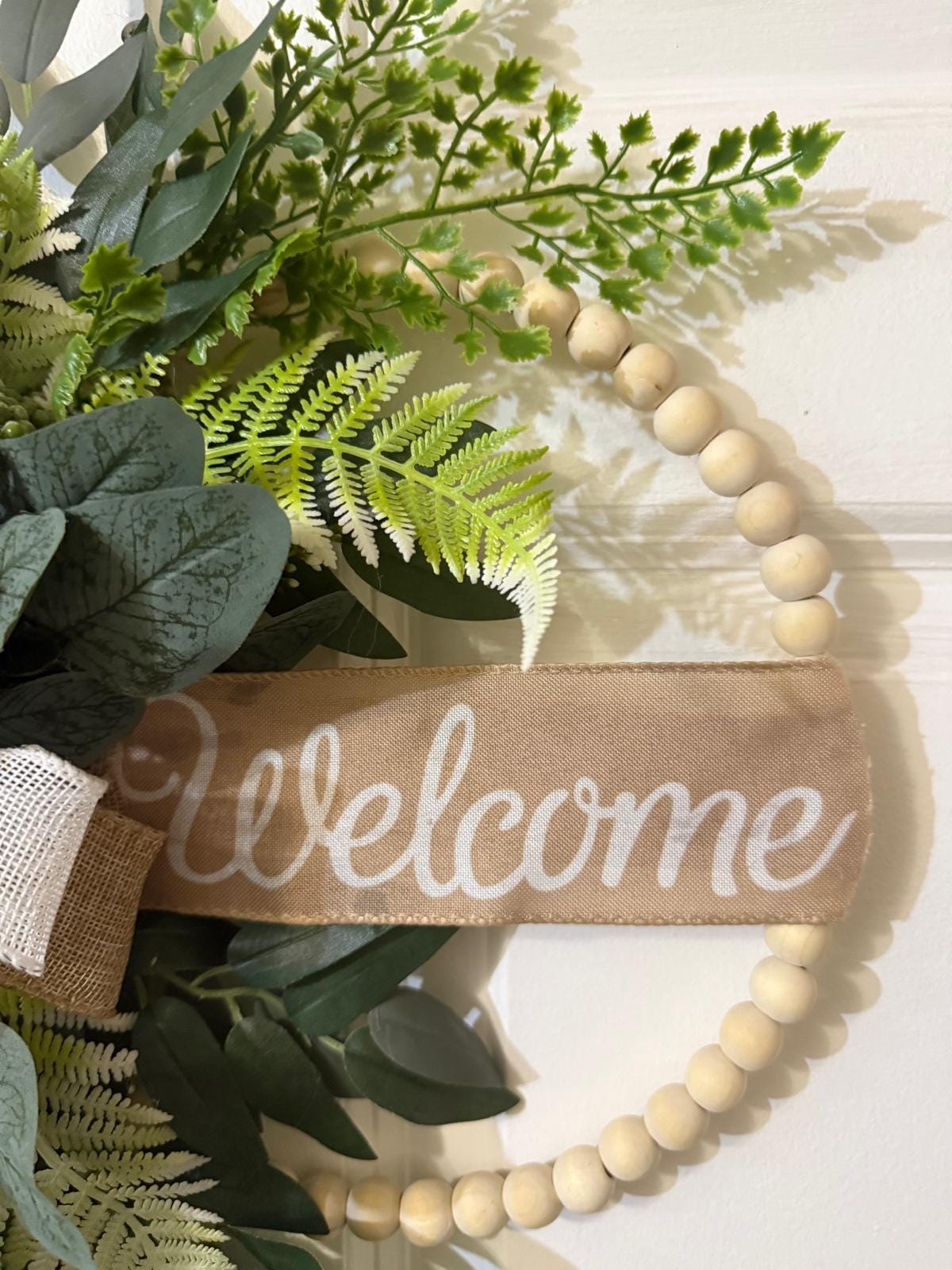 Handmade Welcome Eucalyptus & Fern Wreath, Burlap Ribbon Bow Front Door Decor