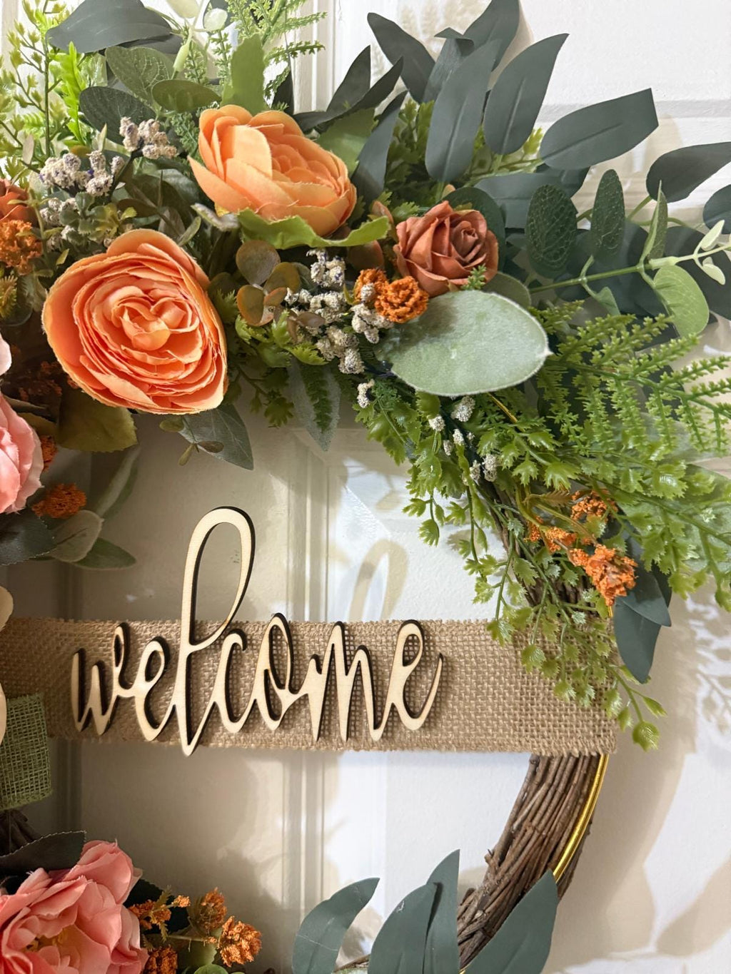 Peach Rose Welcome Wreath | Farmhouse Front Door Decor