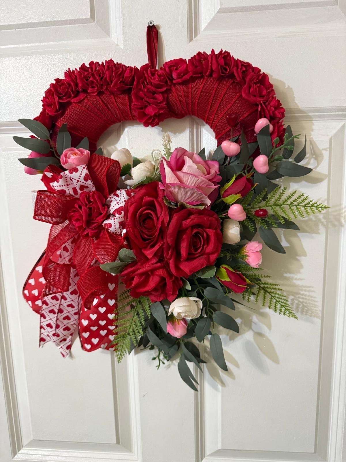 Valentine's Day Handmade Rose Heart Wreath with Pink, Red Roses, Fern , Willow leaves