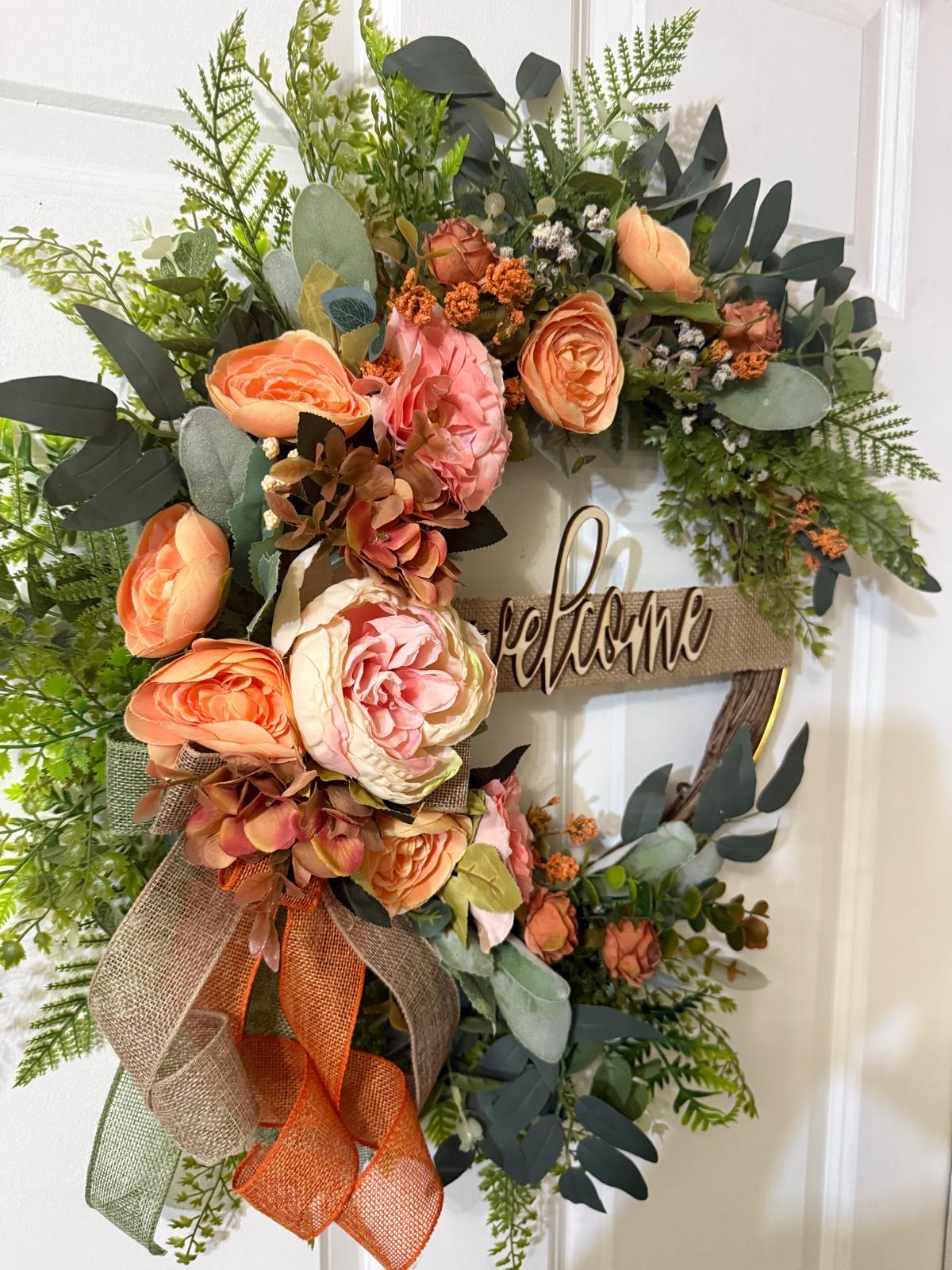 Peach Rose Welcome Wreath | Farmhouse Front Door Decor