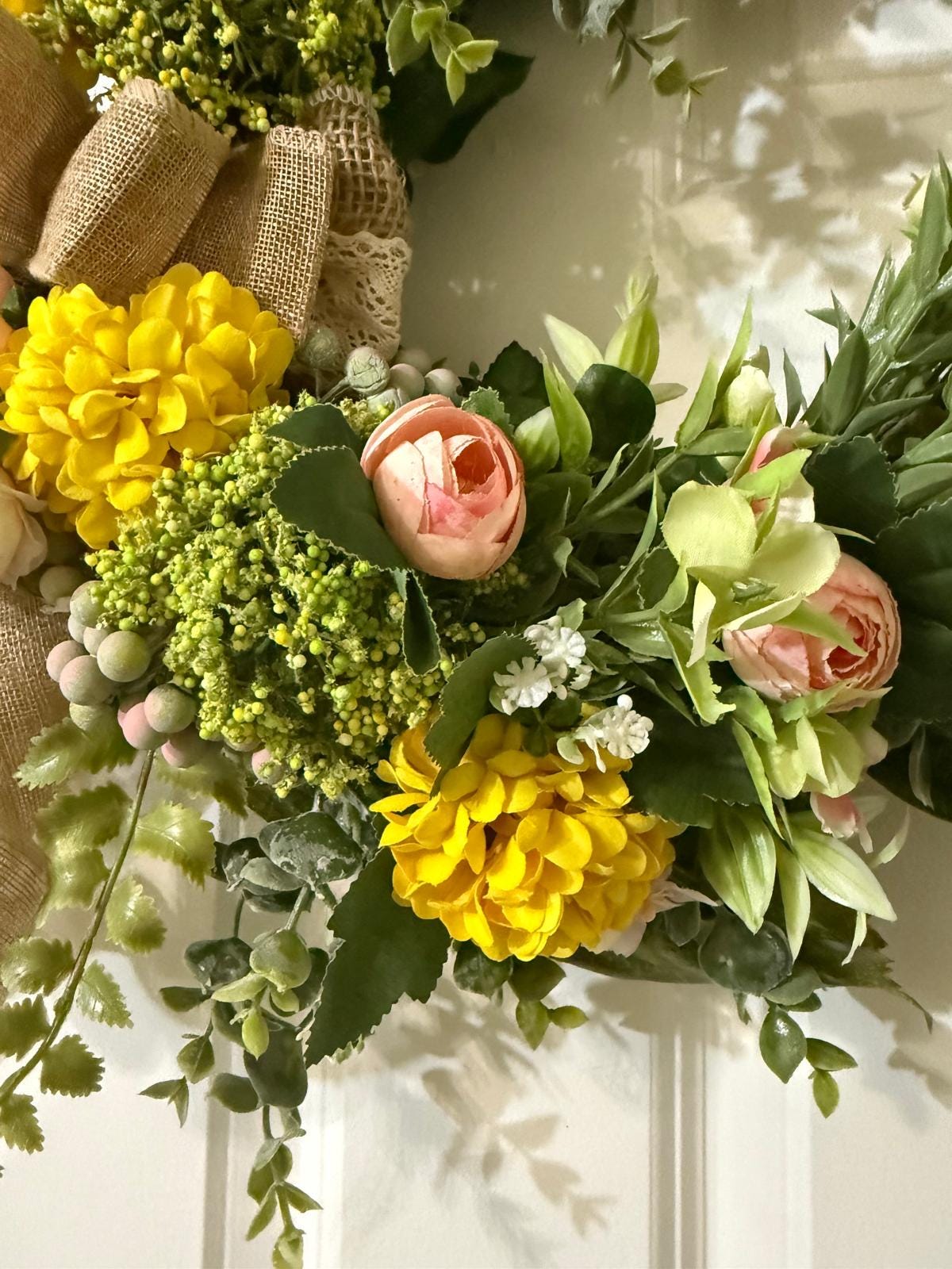 Spring, Summer Floral Wreath with Yellow Hydrangeas & Pink Roses, Fern, eucalyptus leaves