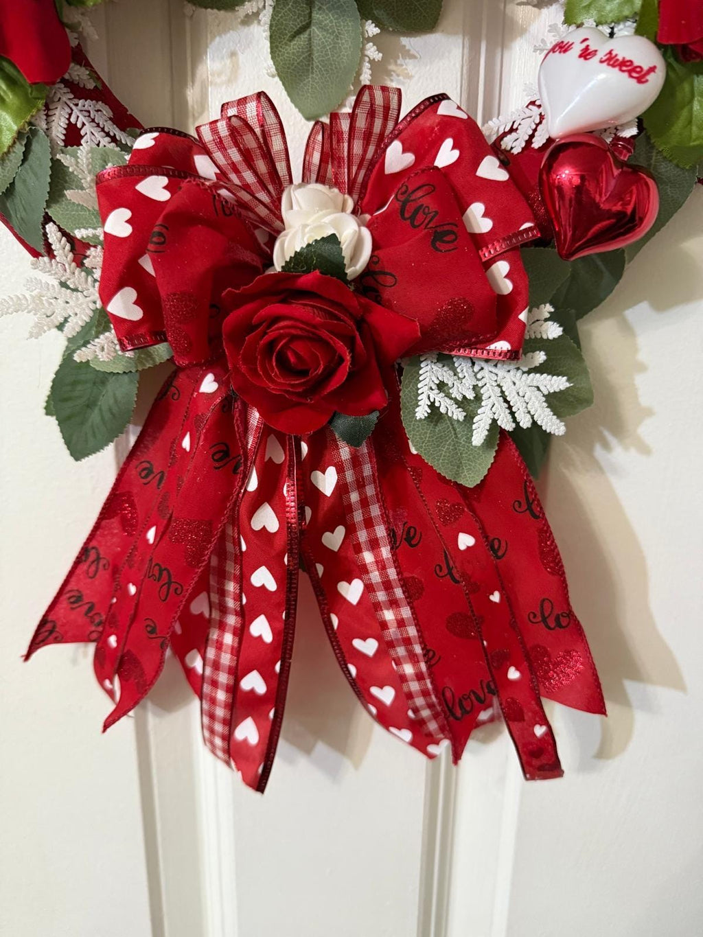 Valentine’s Day Handcrafted Romantic Wreath with Red & White Roses, Heart Decor, Ribbon