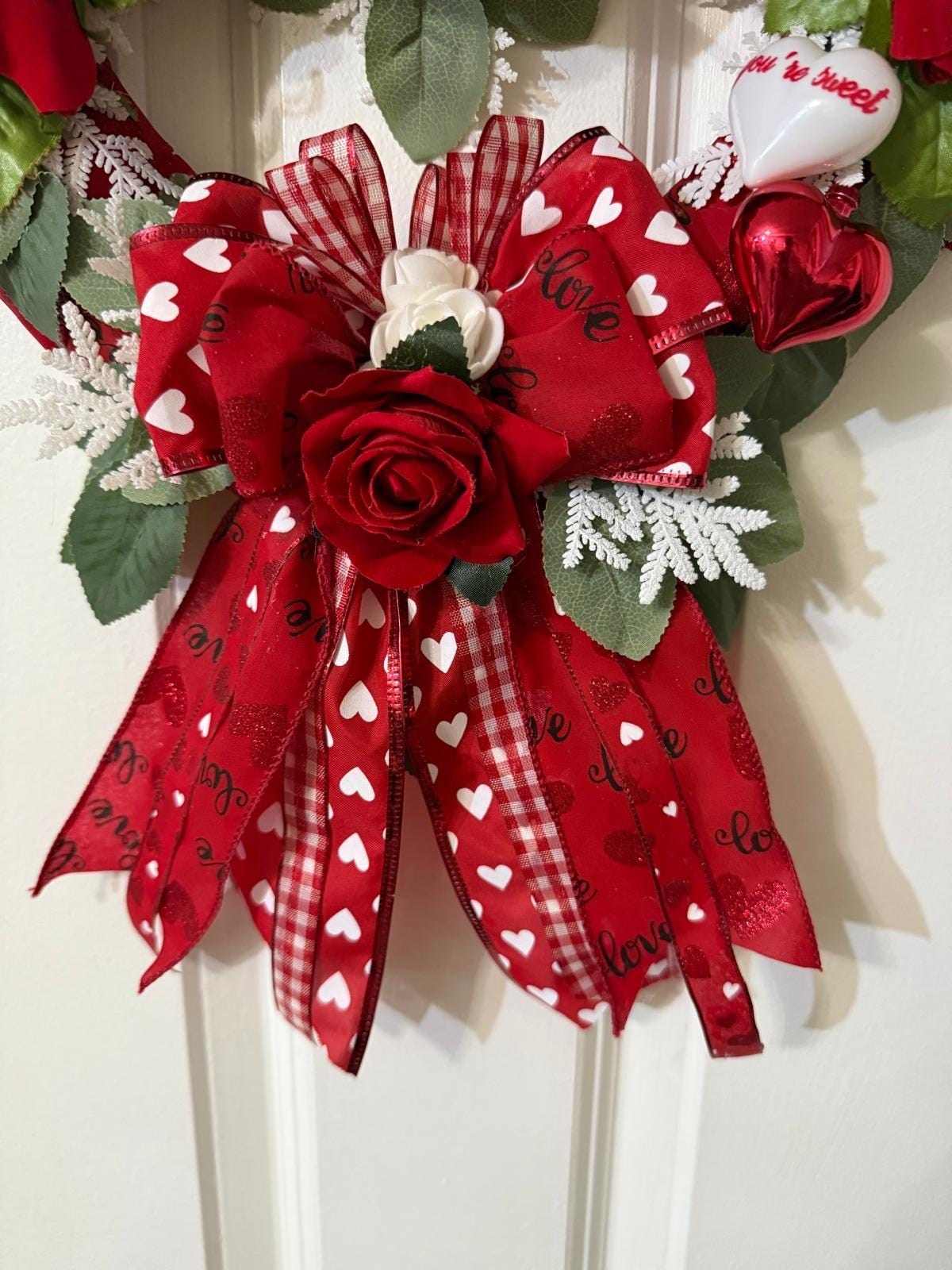 Valentine’s Day Handcrafted Romantic Wreath with Red & White Roses, Heart Decor, Ribbon