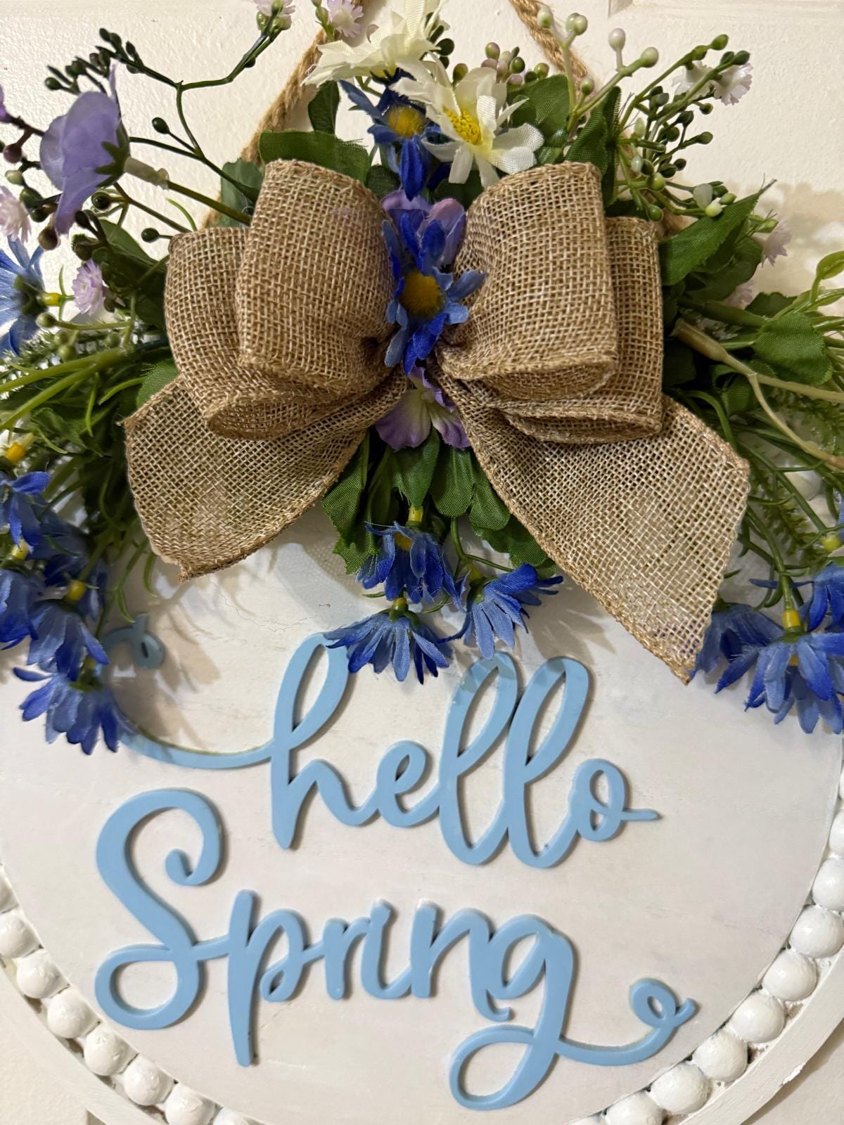 Handmade Hello Spring Door Hanger, Farmhouse Floral Sign with Burlap Bow