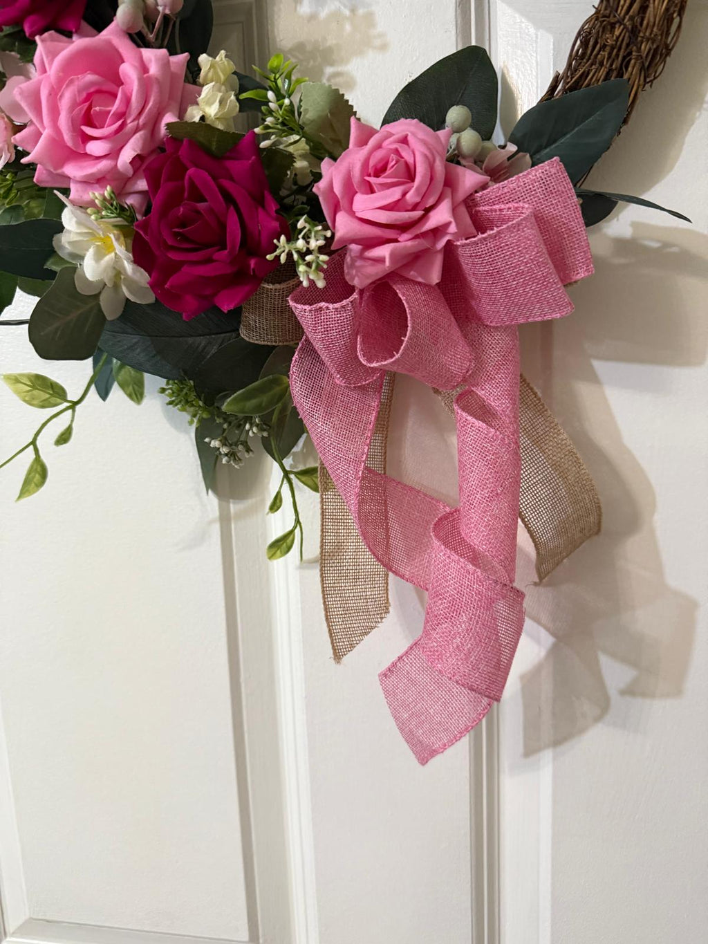 Handmade Pink Rose Valentine's Day Wreath, Eucalyptus Door Decor