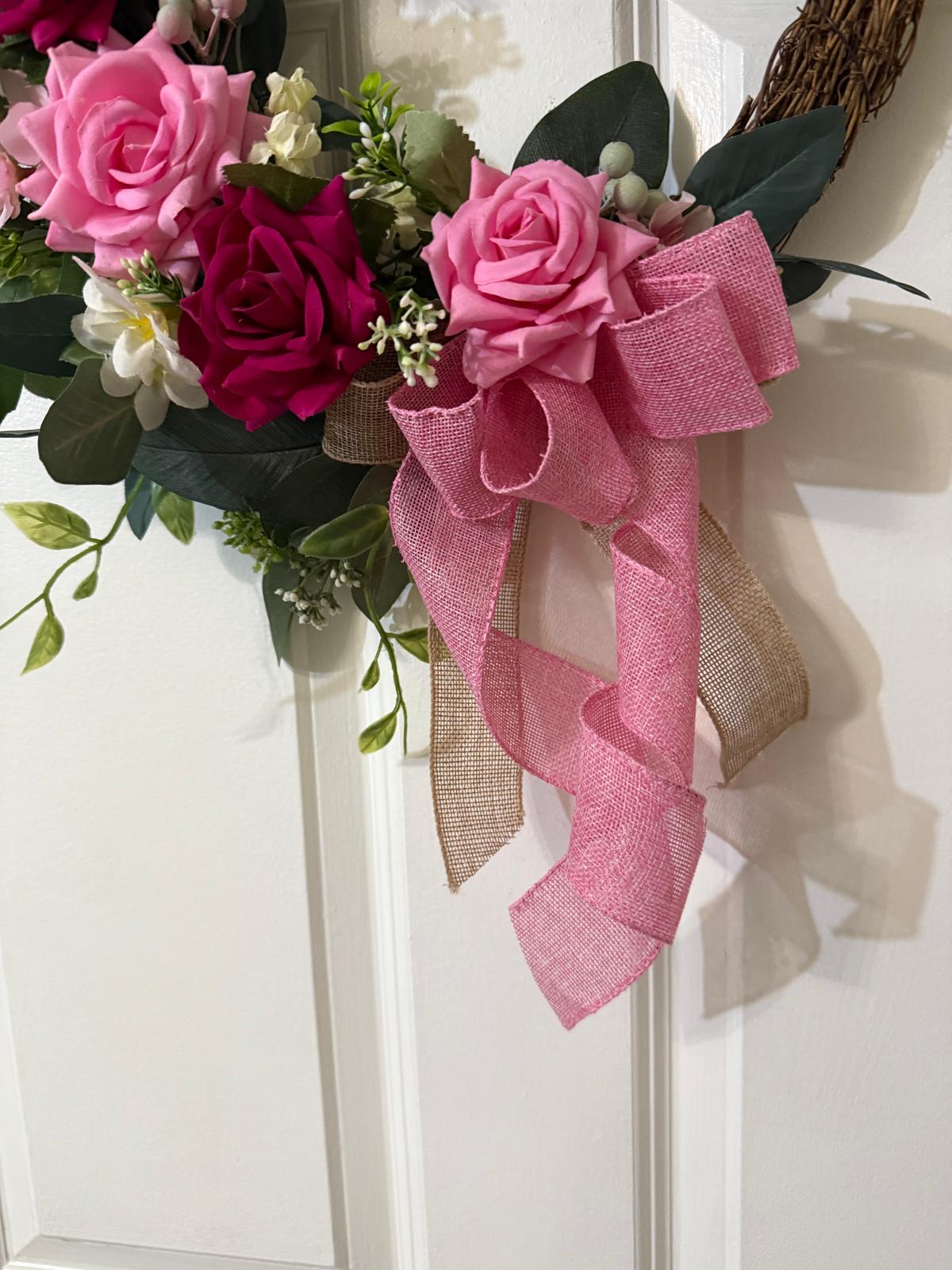 Handmade Pink Rose Valentine's Day Wreath, Eucalyptus Door Decor