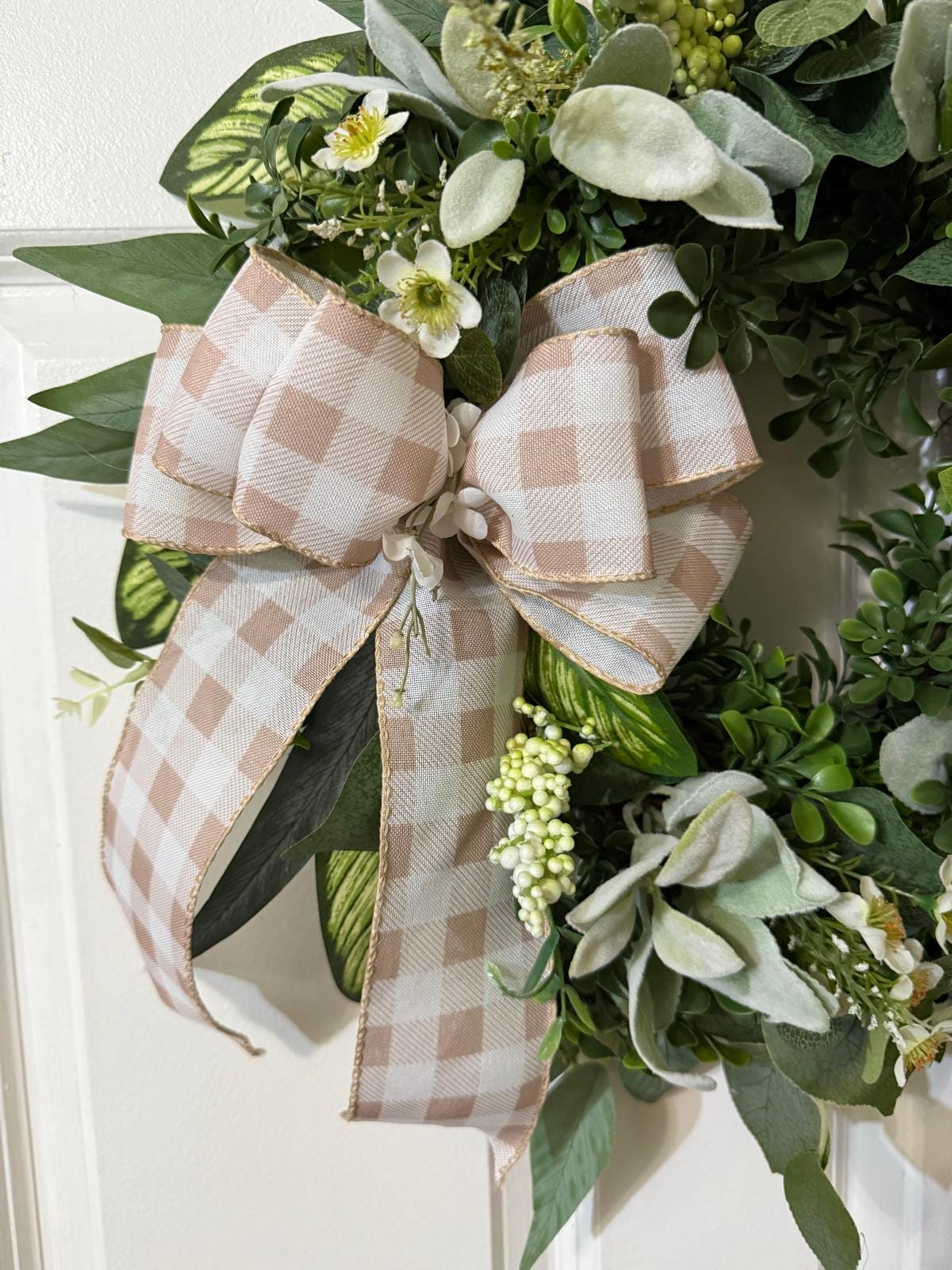 Handmade Eucalyptus Wreath with Lamb’a Ear & Fern Leaves with    Gingham Ribbon Bow (22 inches)