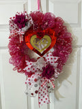 Handmade Valentine’s Day Heart Wreath with Roses, Red & Pink Deco Mesh, Romantic Front Door Decor