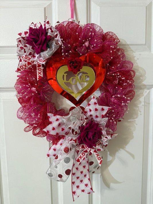 Handmade Valentine’s Day Heart Wreath with Roses, Red & Pink Deco Mesh, Romantic Front Door Decor