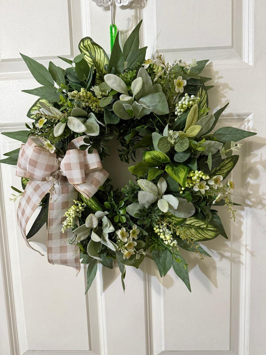 Handmade Eucalyptus Wreath with Lamb’a Ear & Fern Leaves with    Gingham Ribbon Bow (22 inches)