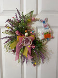 Handmade Easter Bunny Wreath, Lavender Floral, Pastel Egg Decor