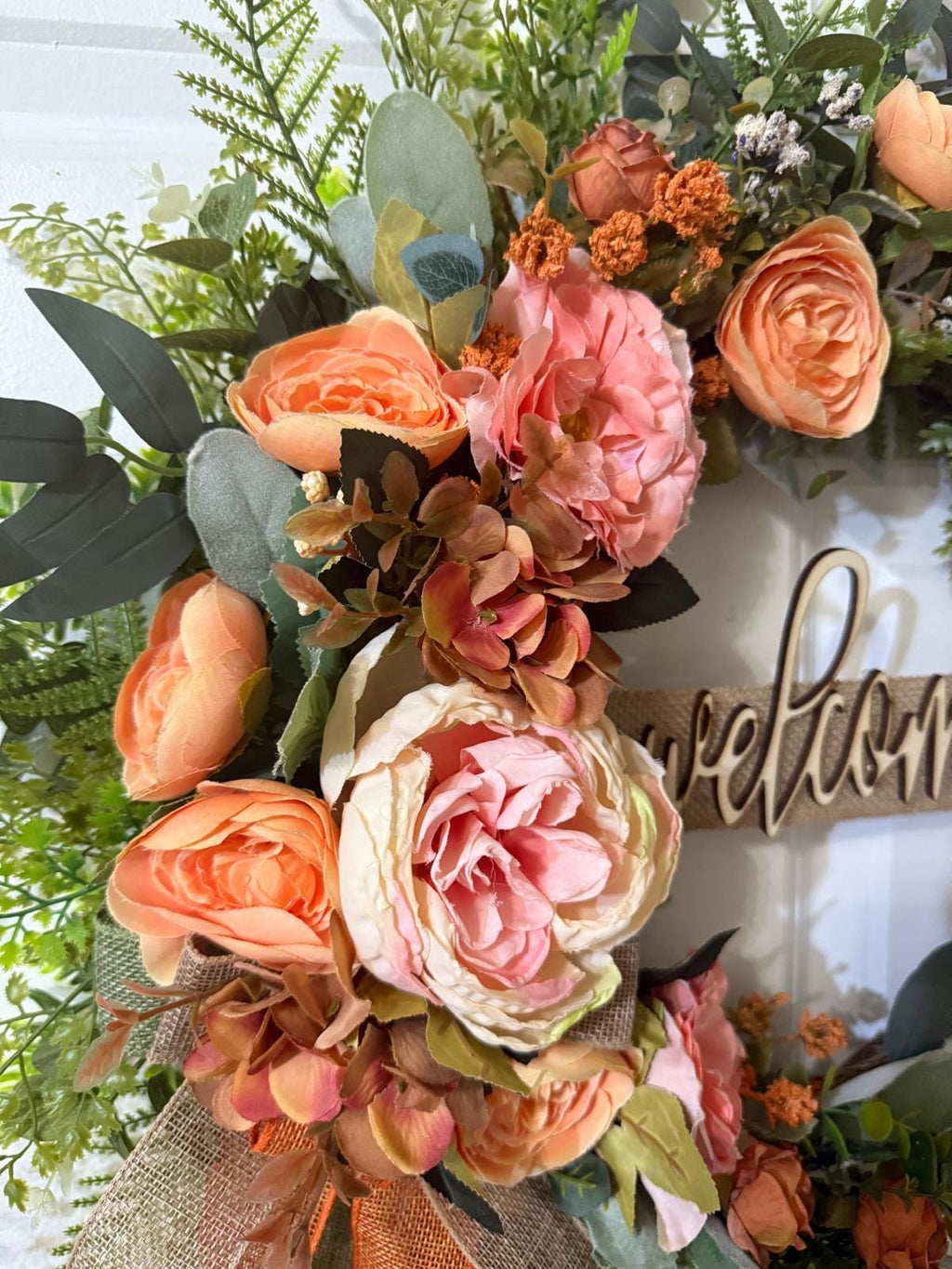 Peach Rose Welcome Wreath | Farmhouse Front Door Decor