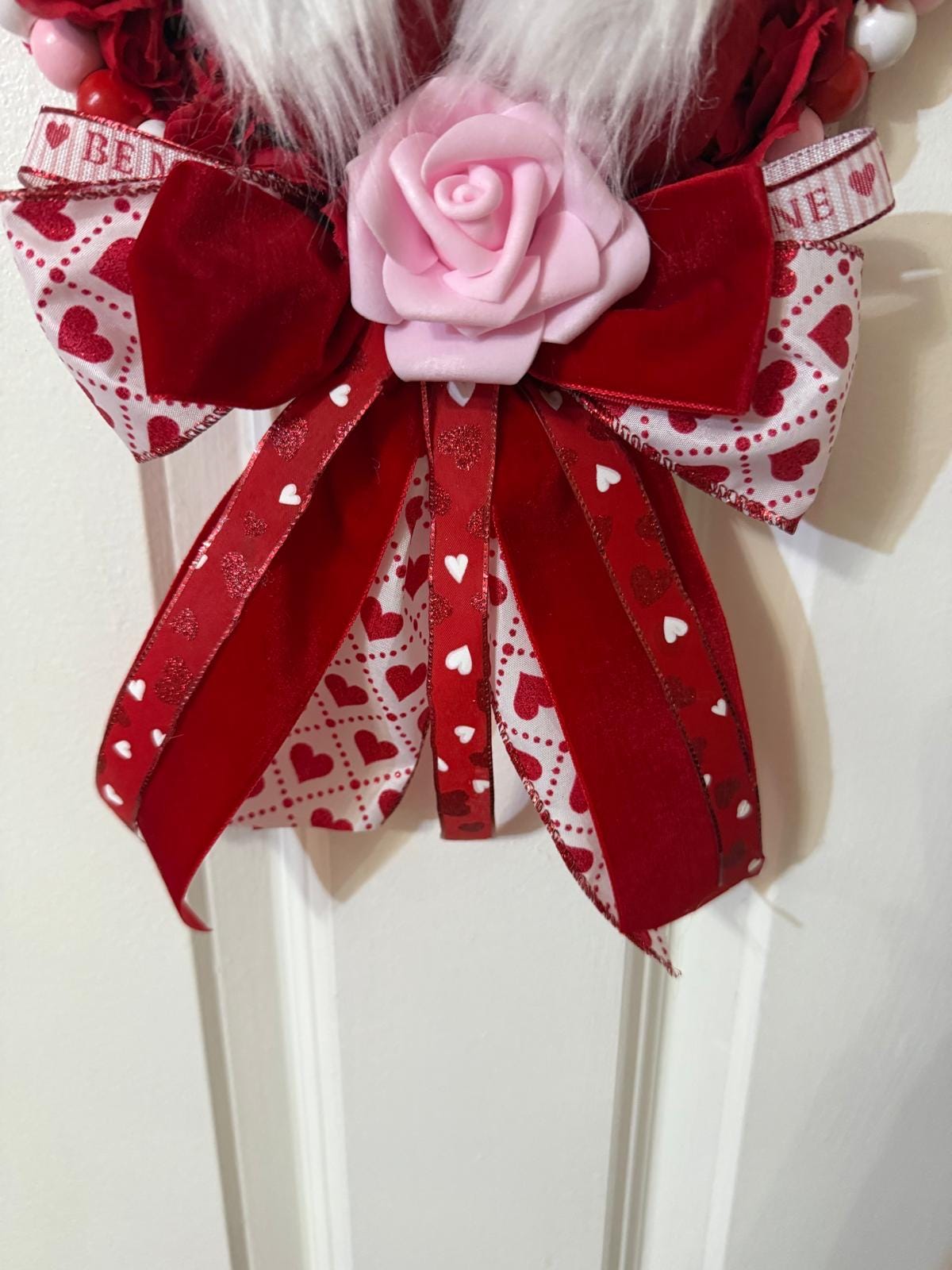 Handmade Valentine Gnome Heart Wreath with Pink, Red Roses, Heart Ribbons