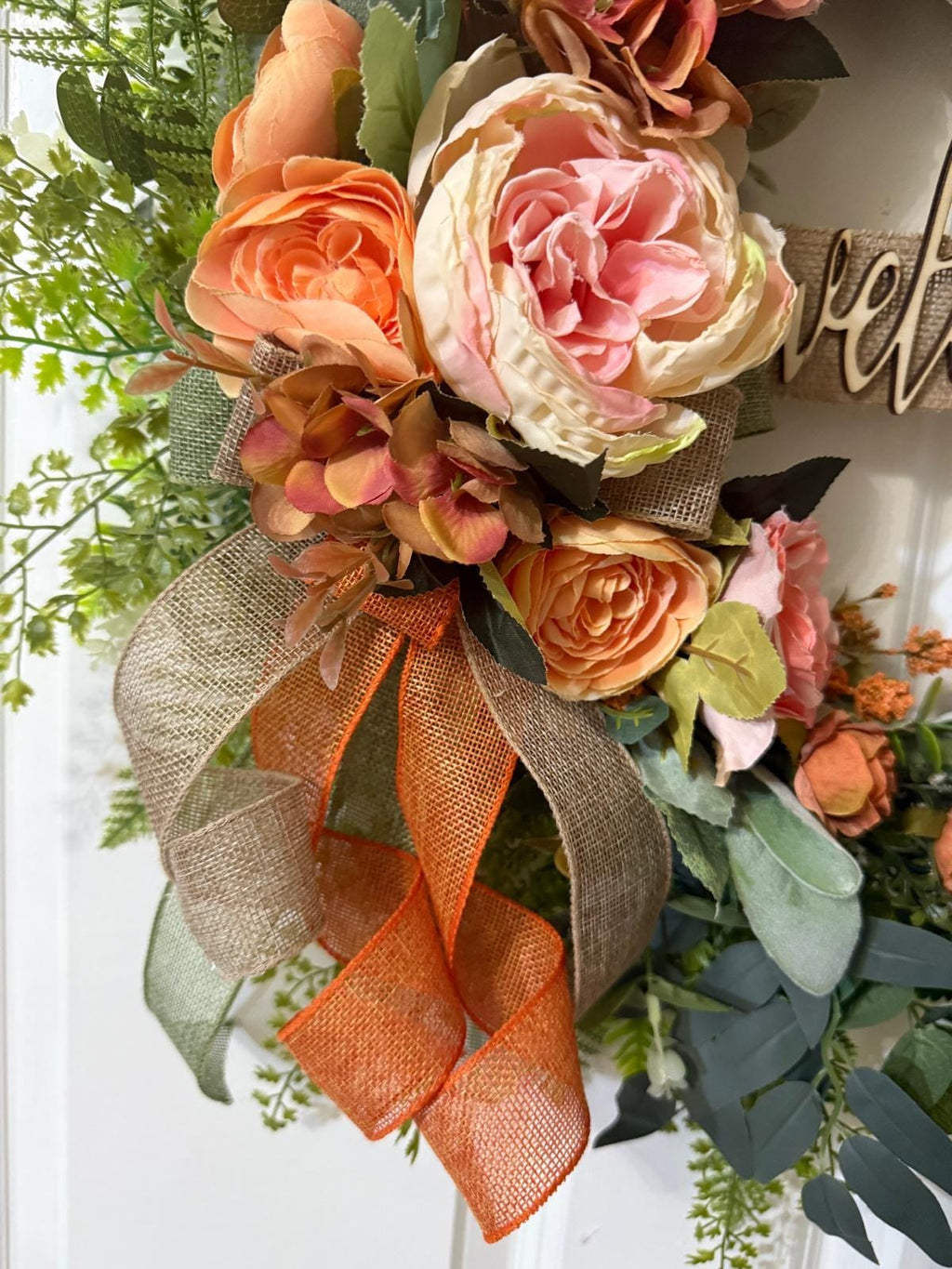 Peach Rose Welcome Wreath | Farmhouse Front Door Decor