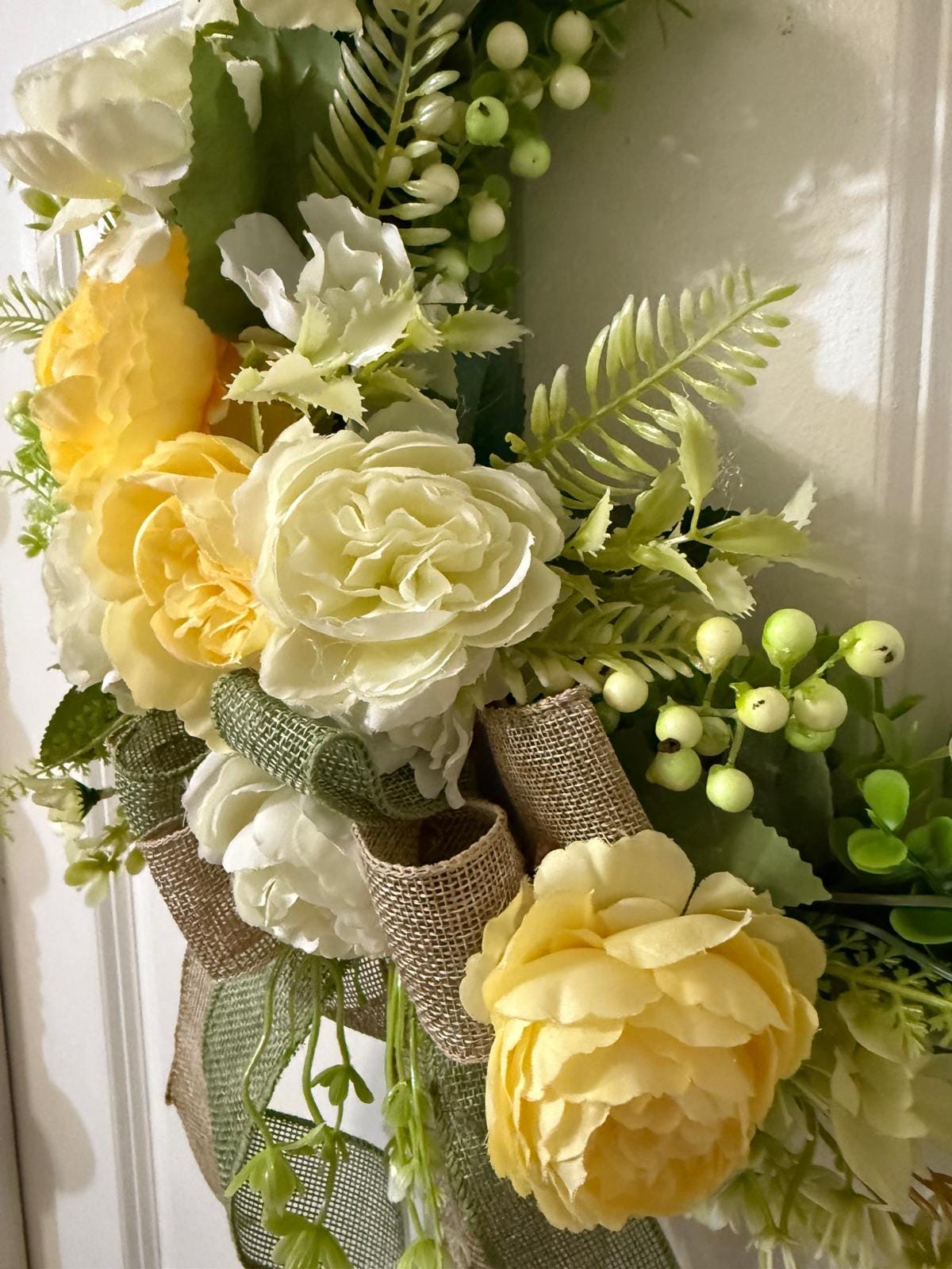 Handmade Peony Hoop Wreath, Fern, Lamb’s Ear Leaves, Burlap Ribbon Bow, 17 Inches