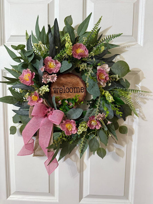Handmade Welcome Wreath with Pink Roses,Eucalyptus Leaves, Burlap Ribbon