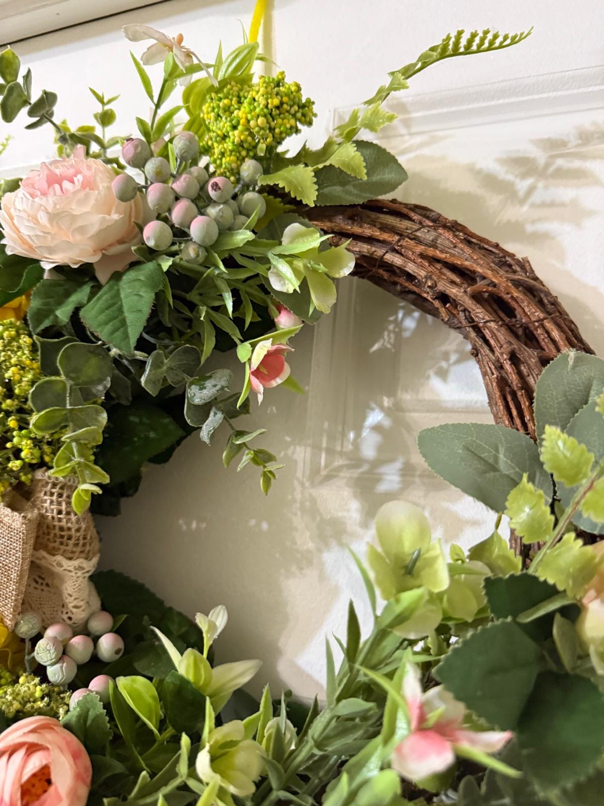 Spring, Summer Floral Wreath with Yellow Hydrangeas & Pink Roses, Fern, eucalyptus leaves