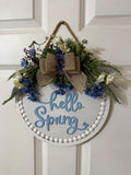 Handmade Hello Spring Door Hanger, Farmhouse Floral Sign with Burlap Bow