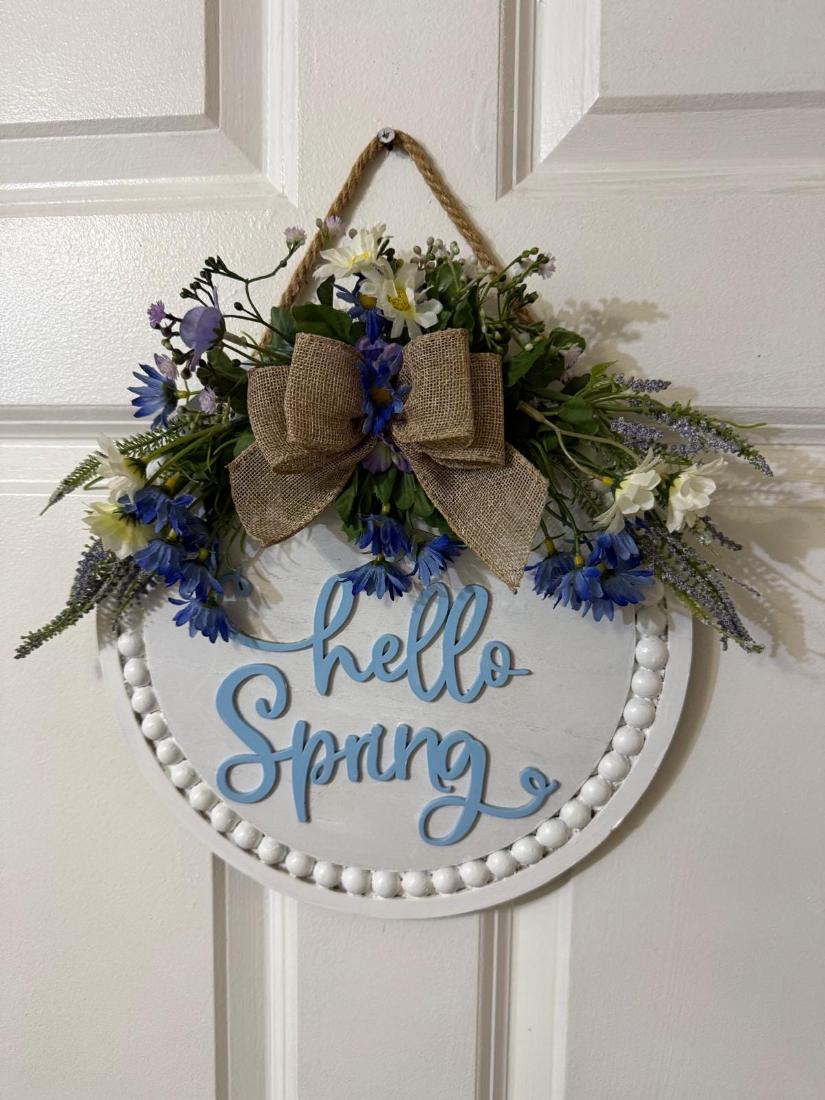 Handmade Hello Spring Door Hanger, Farmhouse Floral Sign with Burlap Bow