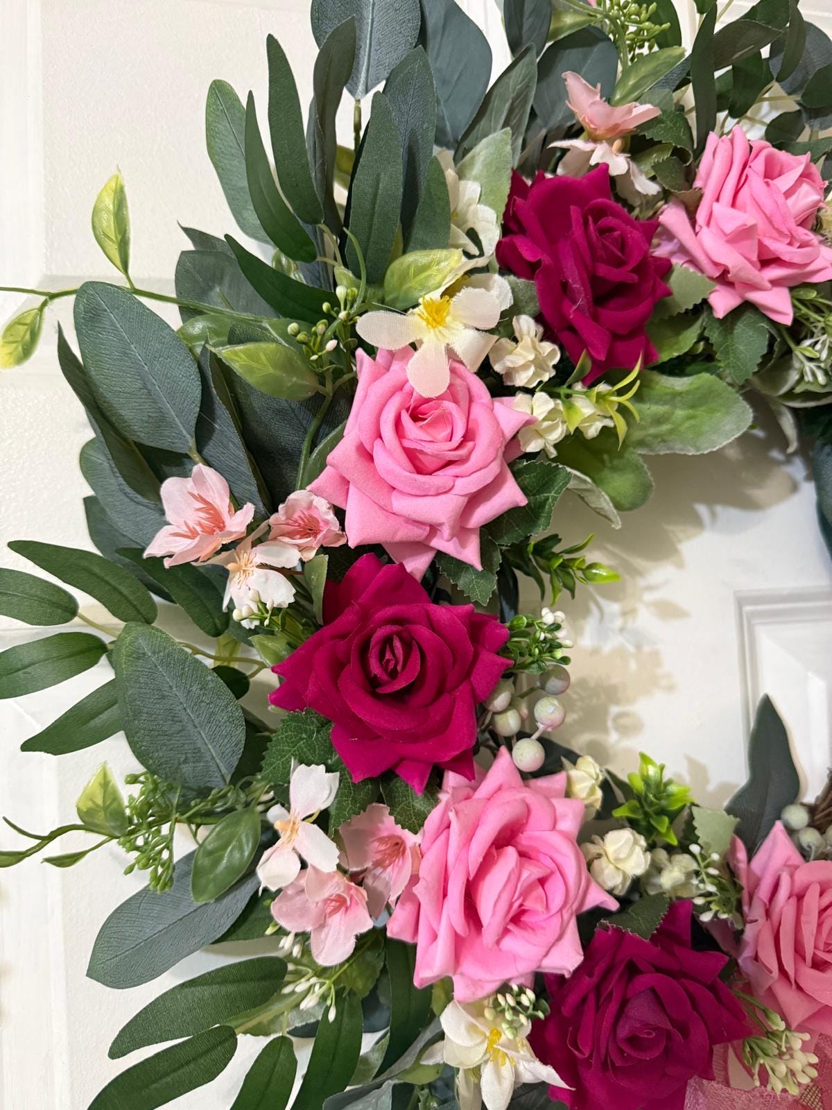 Handmade Pink Rose Valentine's Day Wreath, Eucalyptus Door Decor