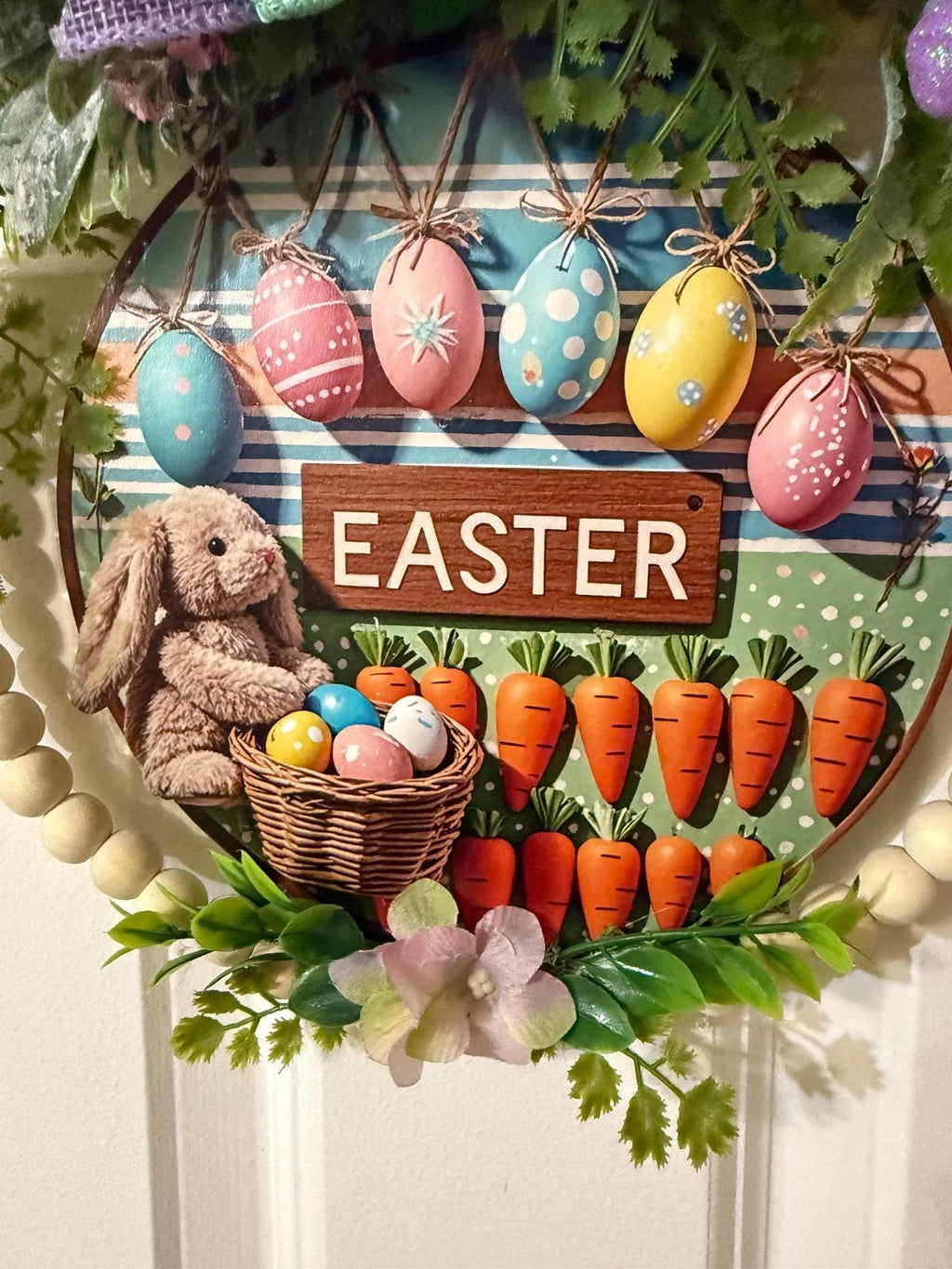 Handmade Easter Bunny Door Hanger, Pastel Egg Wreath, Farmhouse Spring Decor