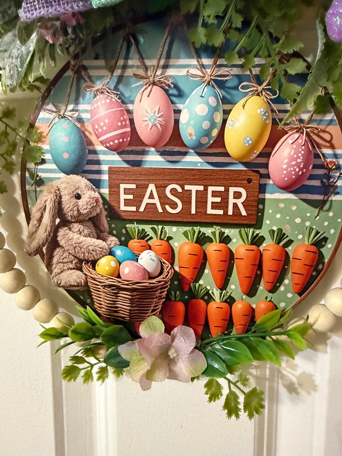 Handmade Easter Bunny Door Hanger, Pastel Egg Wreath, Farmhouse Spring Decor