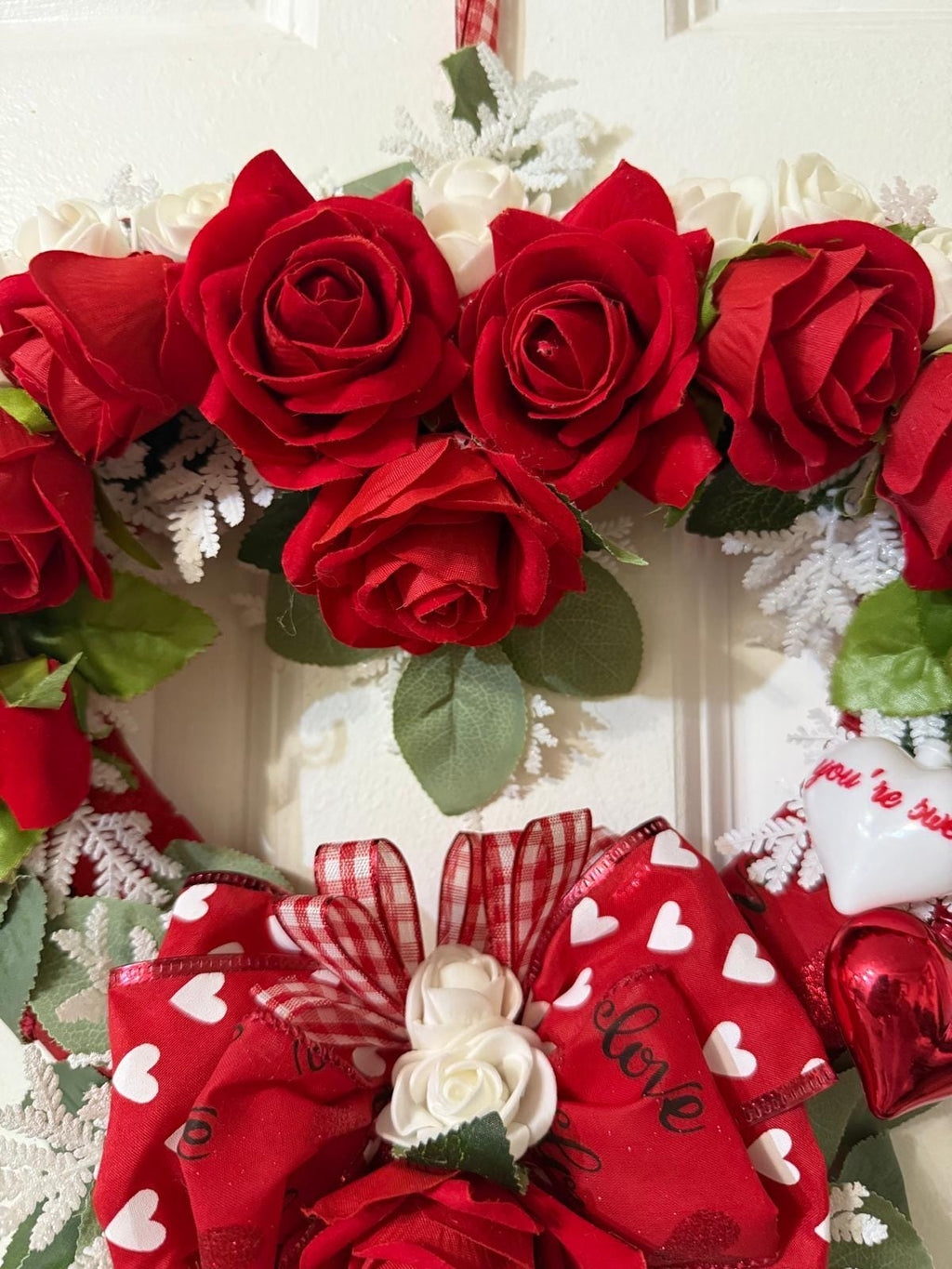 Valentine’s Day Handcrafted Romantic Wreath with Red & White Roses, Heart Decor, Ribbon