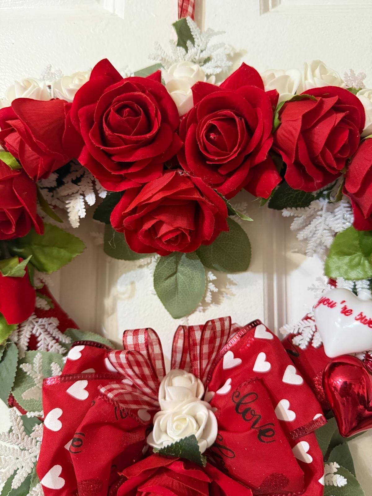 Valentine’s Day Handcrafted Romantic Wreath with Red & White Roses, Heart Decor, Ribbon