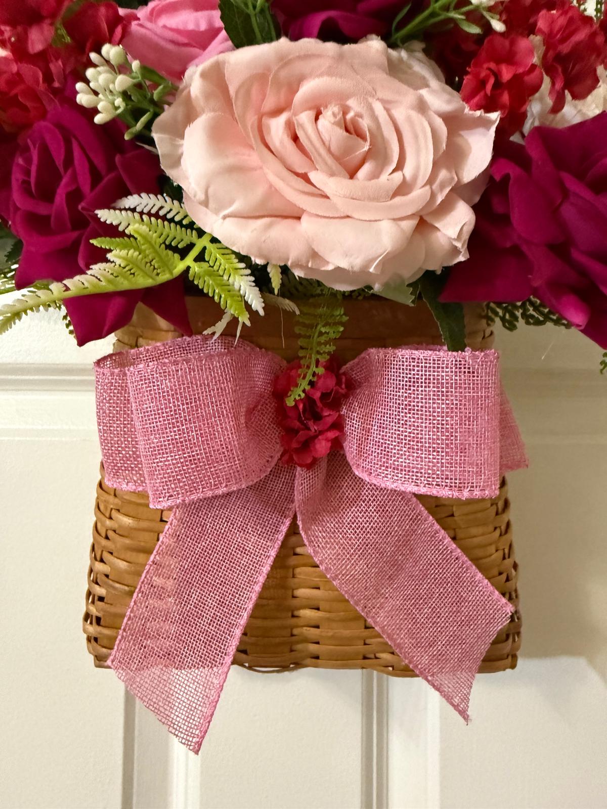 Rose, Peony Floral Door Basket | Fern Leaves, Pink Burgundy Burlap Robbon,Woven Basket Decor