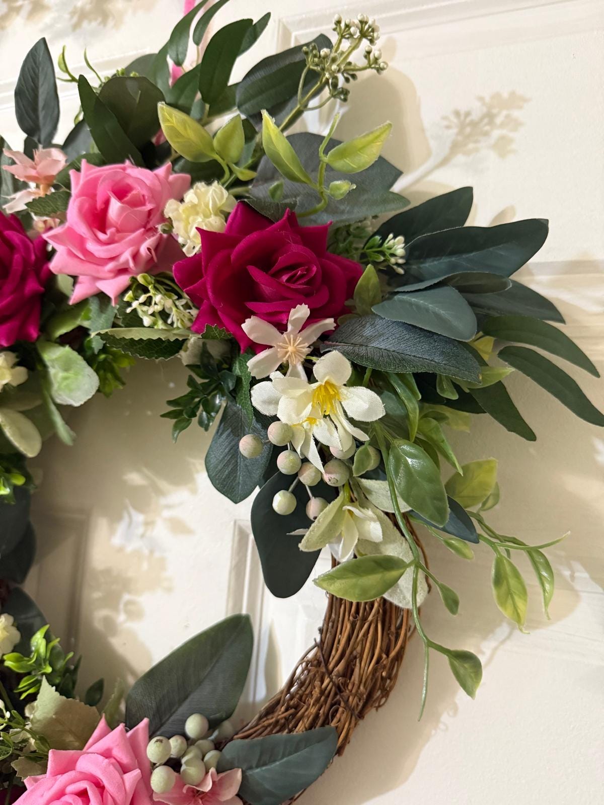 Handmade Pink Rose Valentine's Day Wreath, Eucalyptus Door Decor