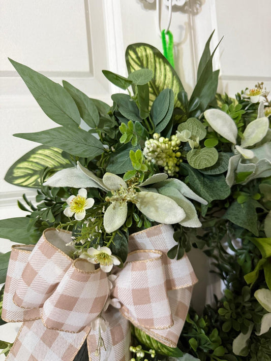 Handmade Eucalyptus Wreath with Lamb’a Ear & Fern Leaves with    Gingham Ribbon Bow (22 inches)