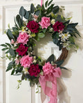 Handmade Pink Rose Valentine's Day Wreath, Eucalyptus Door Decor