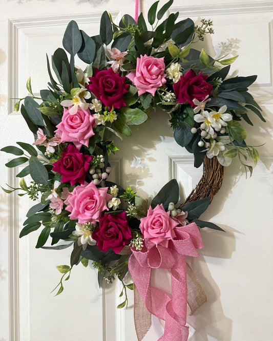 Handmade Pink Rose Valentine's Day Wreath, Eucalyptus Door Decor