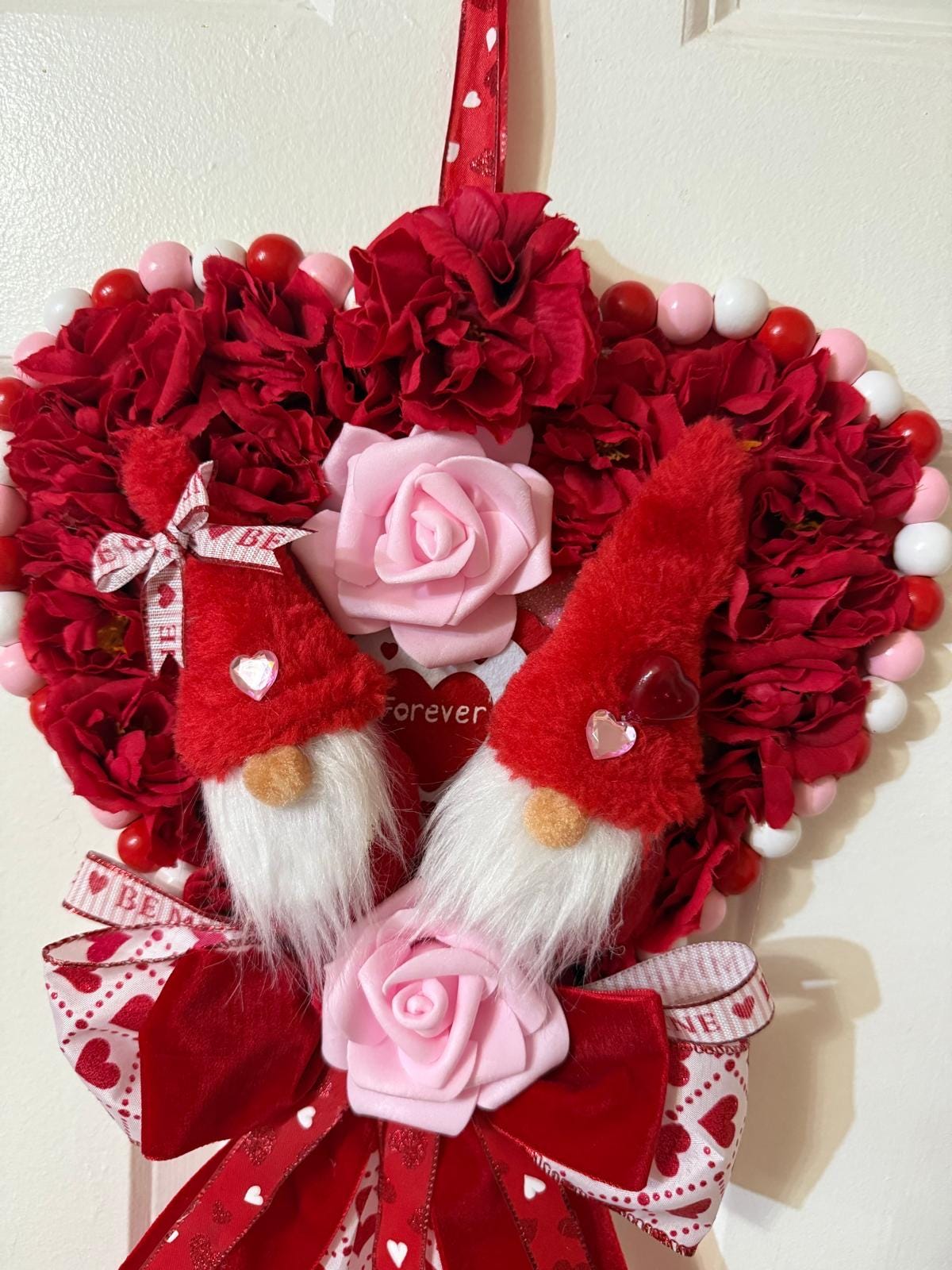 Handmade Valentine Gnome Heart Wreath with Pink, Red Roses, Heart Ribbons