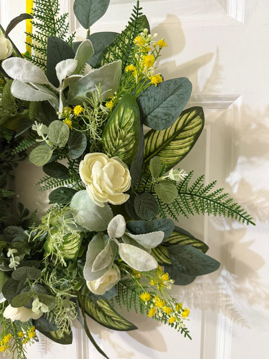 Handmade Eucalyptus Wreath with Lamb’s Ear & Fern Leaves, White Peony Flowers, Burlap Ribbon Bow