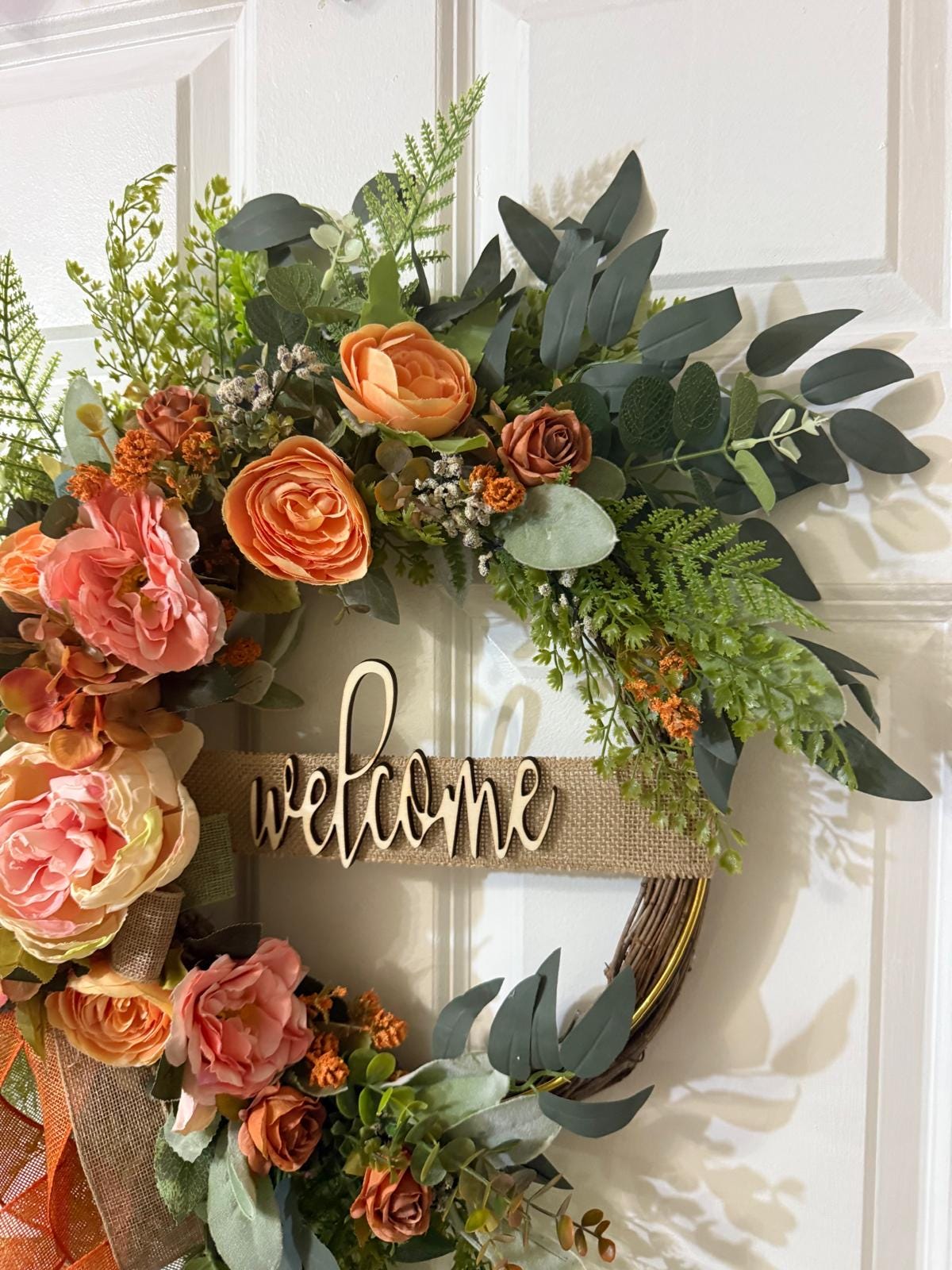 Peach Rose Welcome Wreath | Farmhouse Front Door Decor