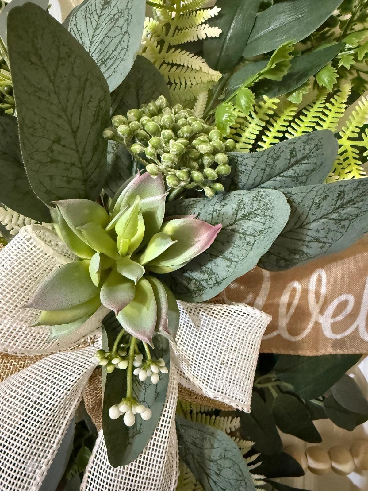 Handmade Welcome Eucalyptus & Fern Wreath, Burlap Ribbon Bow Front Door Decor