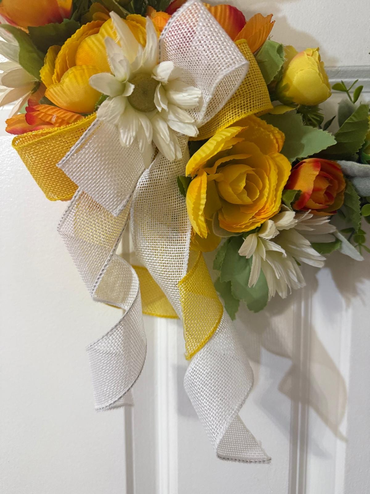 Handmade Beaded Peony Hoop Wreath, with Eucalyptus & Lamb’s Ear Leaves , Burlap Ribbon Bow
