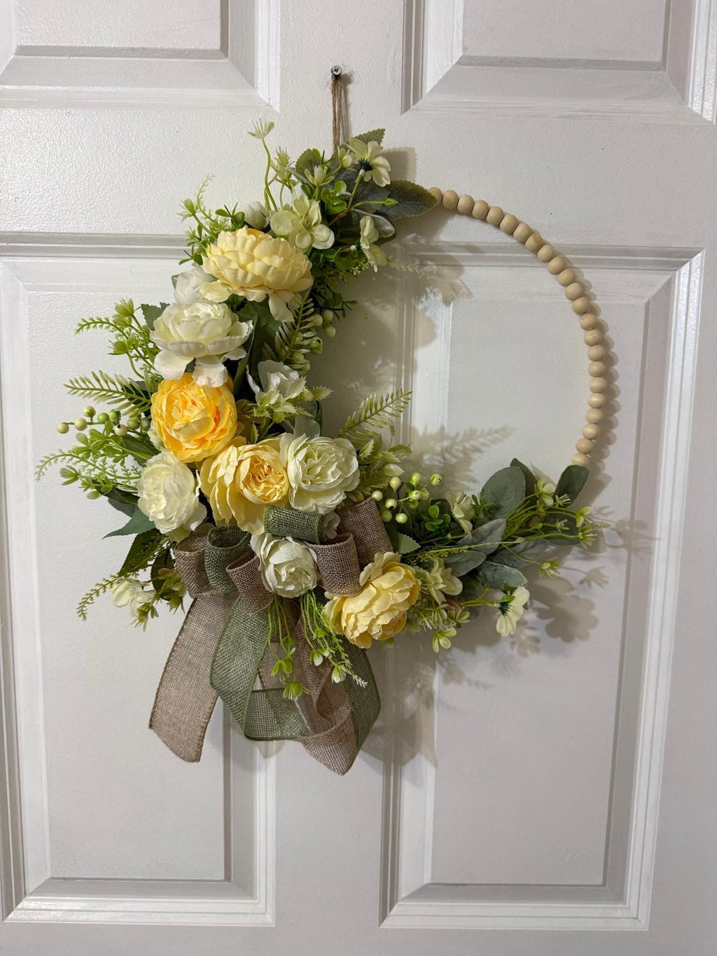 Handmade Peony Hoop Wreath, Fern, Lamb’s Ear Leaves, Burlap Ribbon Bow, 17 Inches