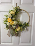 Handmade Peony Hoop Wreath, Fern, Lamb’s Ear Leaves, Burlap Ribbon Bow, 17 Inches